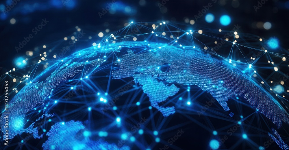 Abstract globe with network connections, illuminated in shades of blue. Global connectivity exemplified by dots and lines. Abstract globe with network connections, illuminated in shades of blue. Global connectivity exemplified by dots and lines.