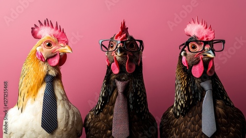 Wallpaper Mural Three Chickens in Business Attire Wearing Ties and Glasses Pink Background Torontodigital.ca