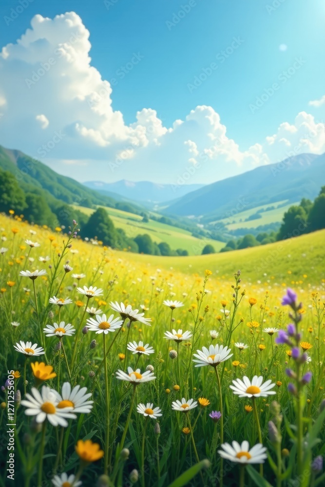 Wild chamomile and wild sage entwined in spring, steppes, sunny skies Wild chamomile and wild sage entwined in spring, steppes, sunny skies