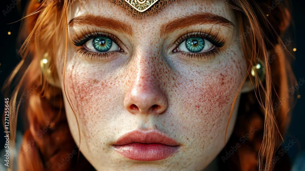Captivating close-up of a woman with striking blue eyes and red hair adorned with a golden tiara against a dark background Captivating close-up of a woman with striking blue eyes and red hair adorned with a golden tiara against a dark background