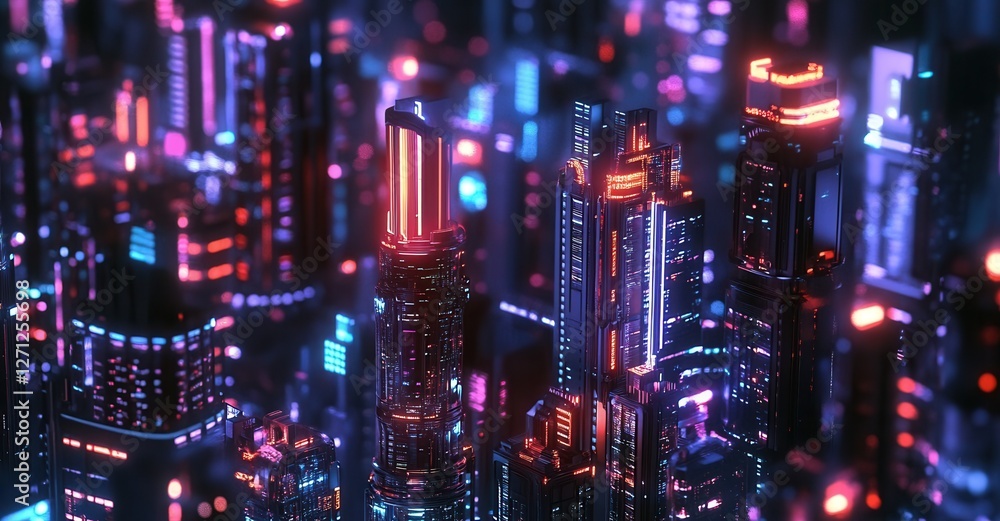 Obraz premium Futuristic cityscape with neon lights illuminating modern skyscrapers, creating a vibrant and immersive visual experience.
