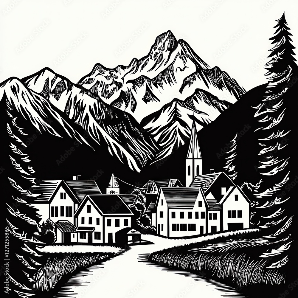 Alpine Village nestled in majestic mountains black and white woodcut illustration