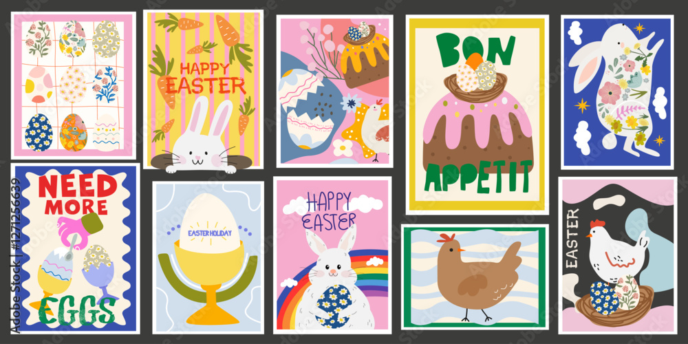 Abstract bright Easter posters in retro style for wall decor and greeting cards. Easter cake, eggs, chicken, bunny, flowers. Trendy editable vector template for banner and social media post Abstract bright Easter posters in retro style for wall decor and greeting cards. Easter cake, eggs, chicken, bunny, flowers. Trendy editable vector template for banner and social media post