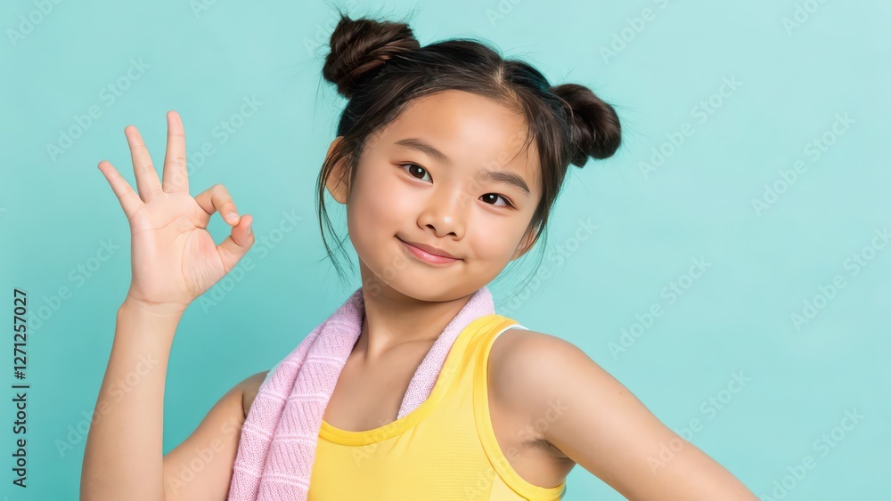 a young Asian girl giving the a young Asian girl giving the