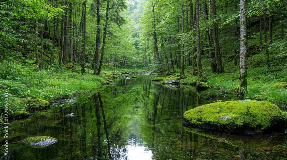 Obraz premium Lush Green Forest River Reflection