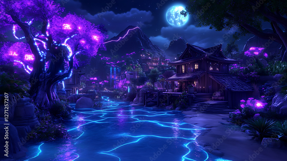 Obraz premium Nightscape with Luminous River and Traditional Building Under Moonlit Sky in a Japanese Setting