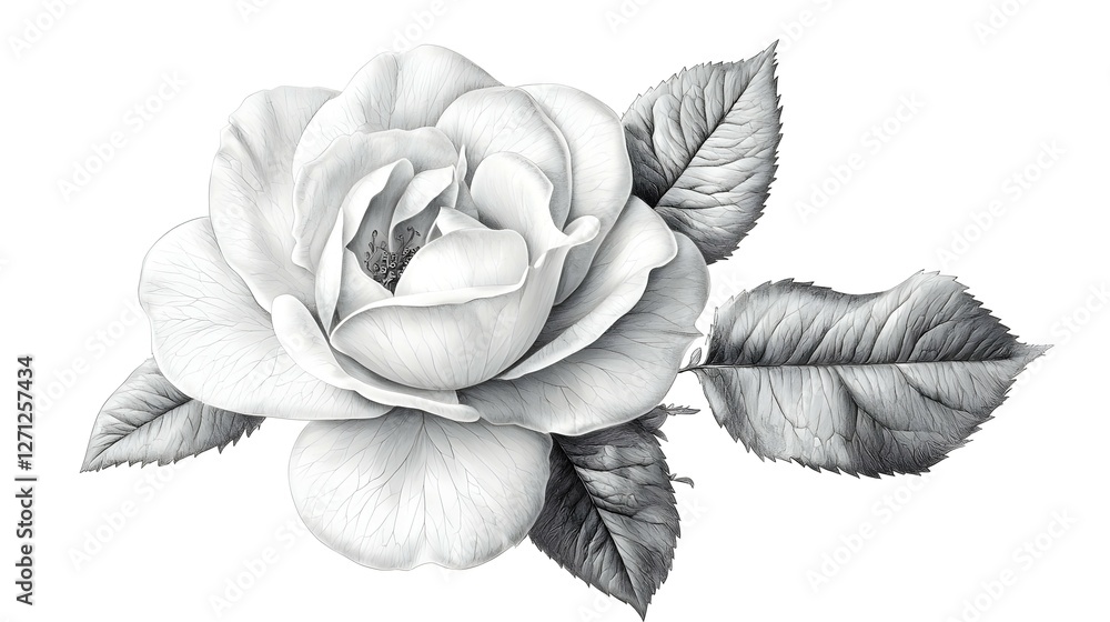 Fototapeta premium Monochrome Rose Pencil Sketch with Detailed Petals and Leaves