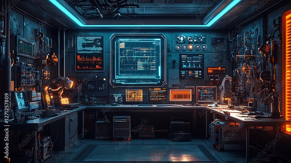 Interactive STEM education environment coding tools robotics kits and detailed textures in a futuristic lab setting highlighted with dynamic lighting and vivid colors Interactive STEM education environment coding tools robotics kits and detailed textures in a futuristic lab setting highlighted with dynamic lighting and vivid colors