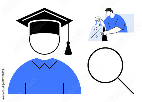 Graduate in cap and gown, magnifying glass, worker with packages. Ideal for education, job search, employment, delivery services, career development workforce training success. Line metaphor