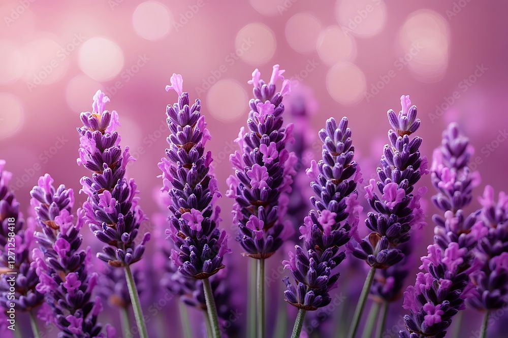 Naklejka premium Close-up of vibrant lavender flowers against a soft pink bokeh background, creating a calming atmosphere