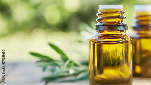 Close up view of premium olive oil bottles surrounded by fresh olive leaves showcasing natural goodness : Generative AI photo