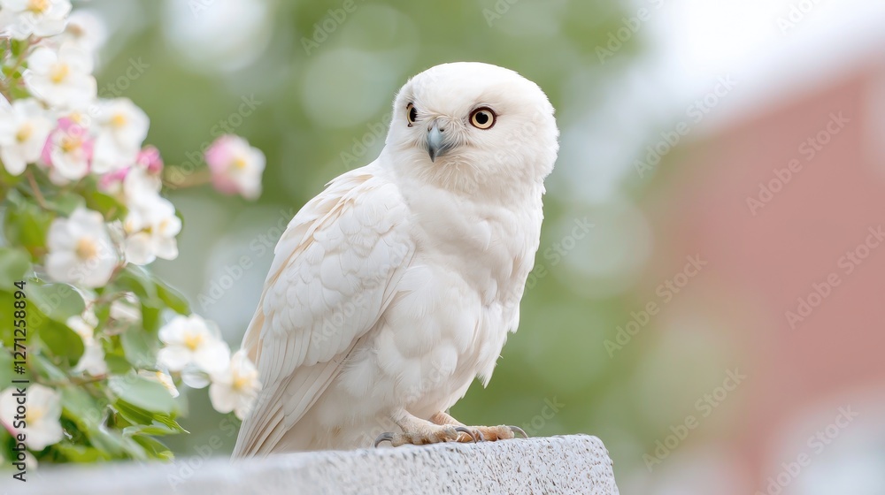 Obraz premium White owl perched on a stone ledge next to blooming spring flowers in bright daylight.