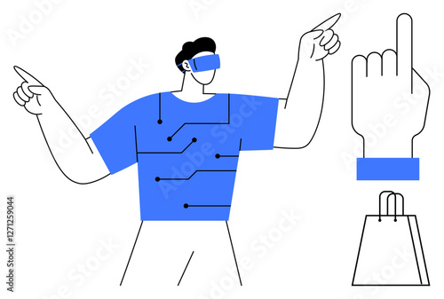 Man interacting with VR headset, blue circuit-pattern shirt, pointing hand gesture, and shopping bag icon. Ideal for technology, VR, shopping, digital interaction, augmented reality virtual