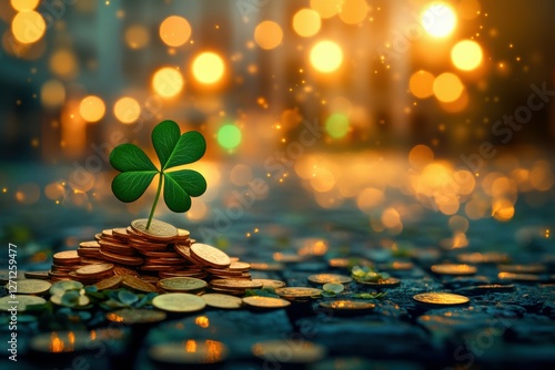 Happy St. Patrickâ€™s Day Background, A rustic wooden plank surface with a pile of gold coins topped by a clover leaf, a softly blurred city square with green streetlights and golden photo