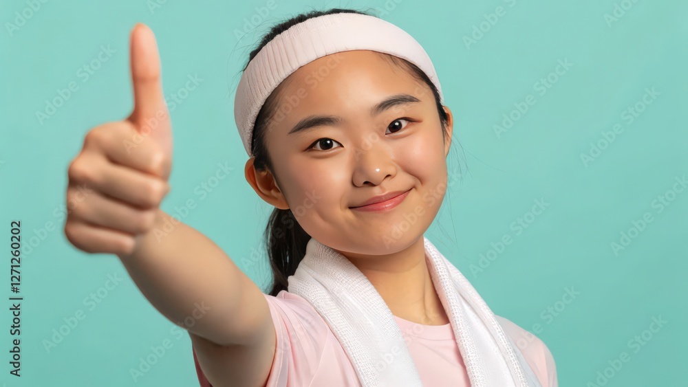 an Asian woman in sportswear gives a thumbs-up with a smile on her face. She looks positive and encouraging an Asian woman in sportswear gives a thumbs-up with a smile on her face. She looks positive and encouraging