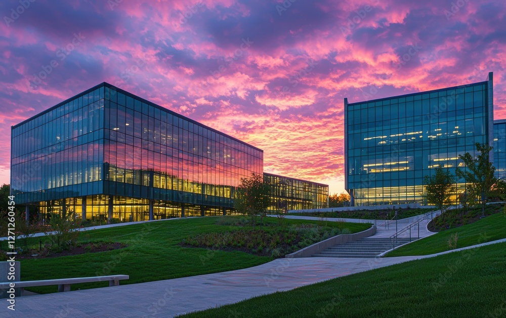 Modern glass buildings reflecting a pink sunset Modern glass buildings reflecting a pink sunset