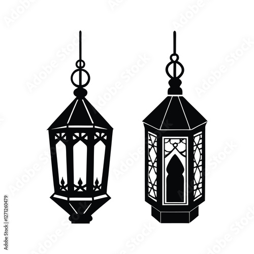 set of silhouette of arabic lantern high detailed. isolated on a transparent background. 
