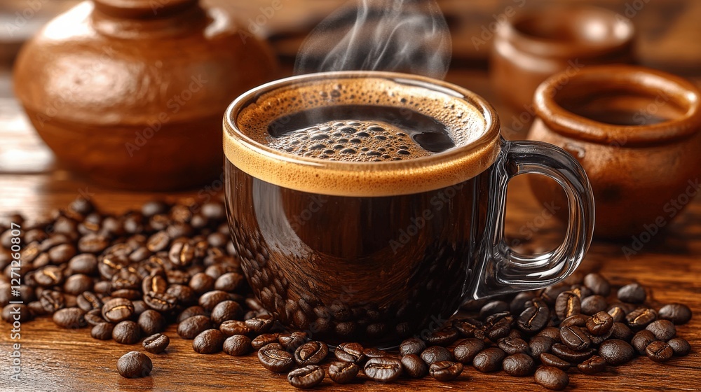 Aromatic Hot Black Coffee in Glass Mug Surrounded by Roasted Coffee Beans on Wooden Table with Rustic Pottery - Perfect Morning Brew for Coffee Enthusiasts Aromatic Hot Black Coffee in Glass Mug Surrounded by Roasted Coffee Beans on Wooden Table with Rustic Pottery - Perfect Morning Brew for Coffee Enthusiasts