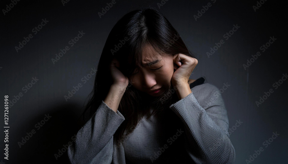 暗い部屋で両手で頭をかかえ、苦悩する女性の正面からの写真 暗い部屋で両手で頭をかかえ、苦悩する女性の正面からの写真