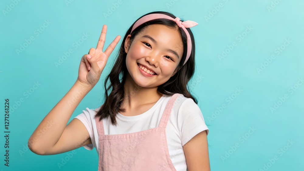 a young asian girl making peace sign with a cheerful smile. The background is a vibrant blue, creating a sense of joy and positivity a young asian girl making peace sign with a cheerful smile. The background is a vibrant blue, creating a sense of joy and positivity