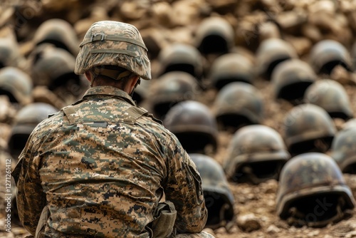 Tapety artystyczne Lone Soldier Kneeling in Mourning Before Fallen Comrades in Military Setting