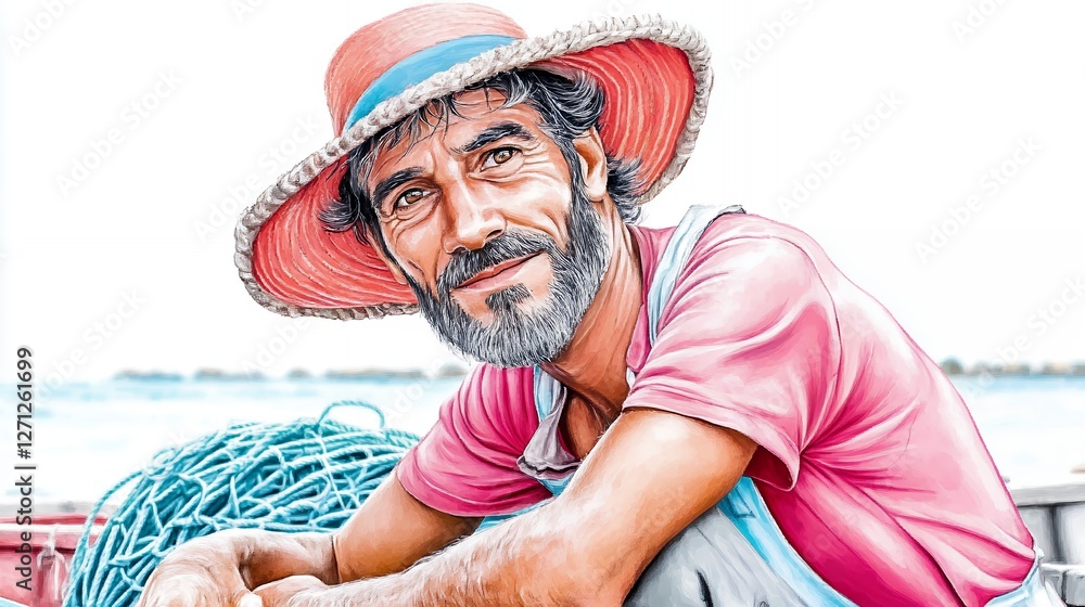 Smiling Fisherman In Coral Hat On Sunny Day Smiling Fisherman In Coral Hat On Sunny Day