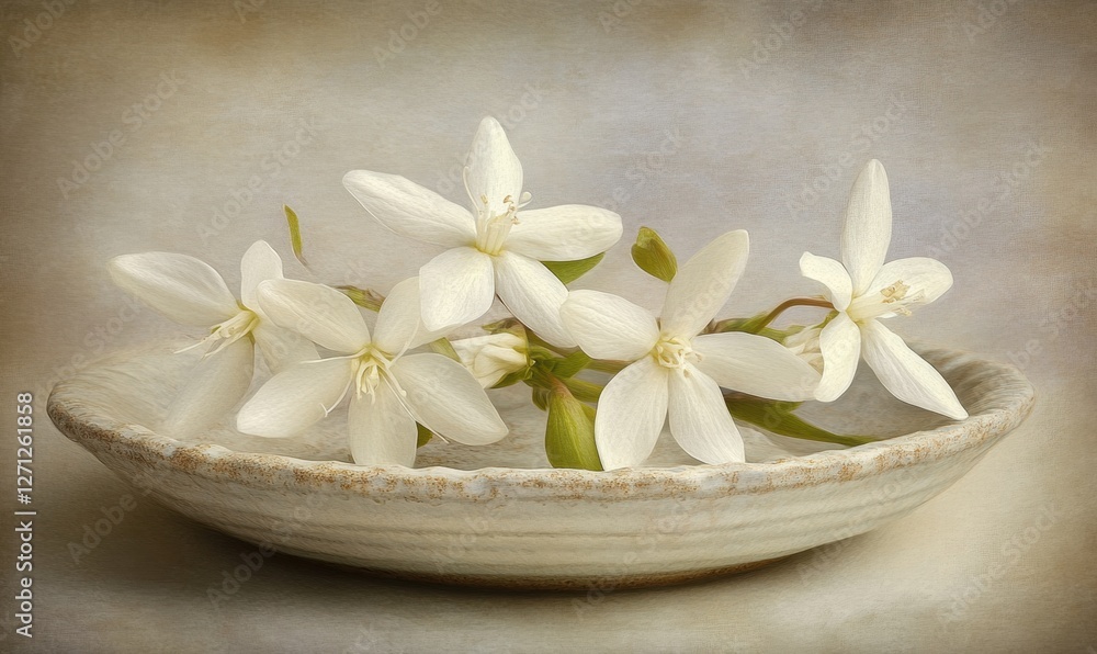 A serene arrangement of delicate white flowers on a textured plate against a soft background A serene arrangement of delicate white flowers on a textured plate against a soft background