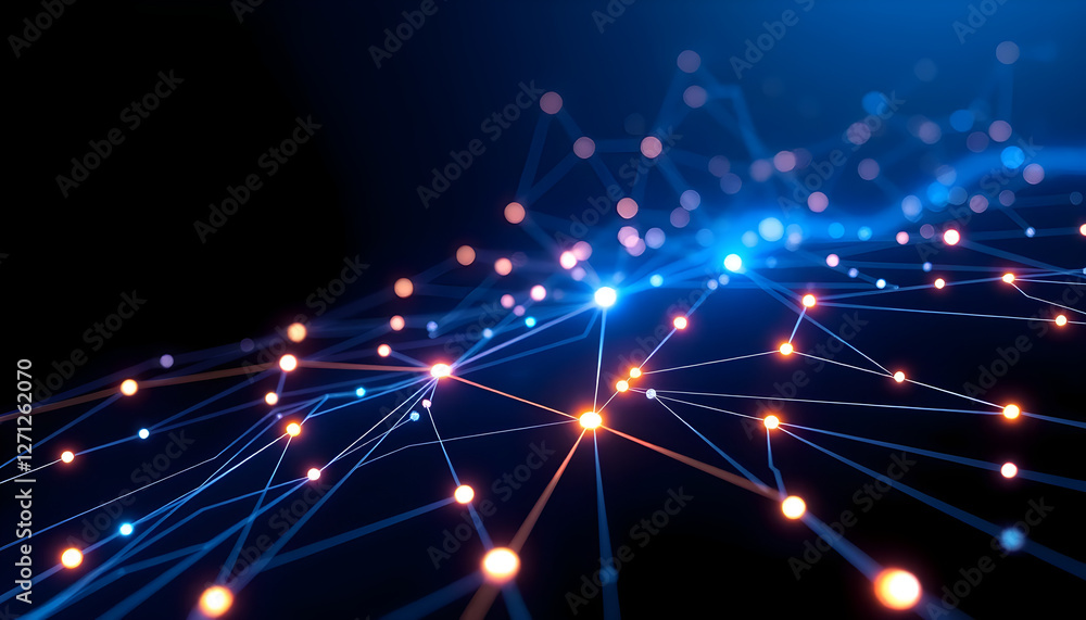 Abstract connected network with blue lines and orange dots on bright blue glowing background
Abstract connected network with blue lines and orange dots on bright blue glowing background