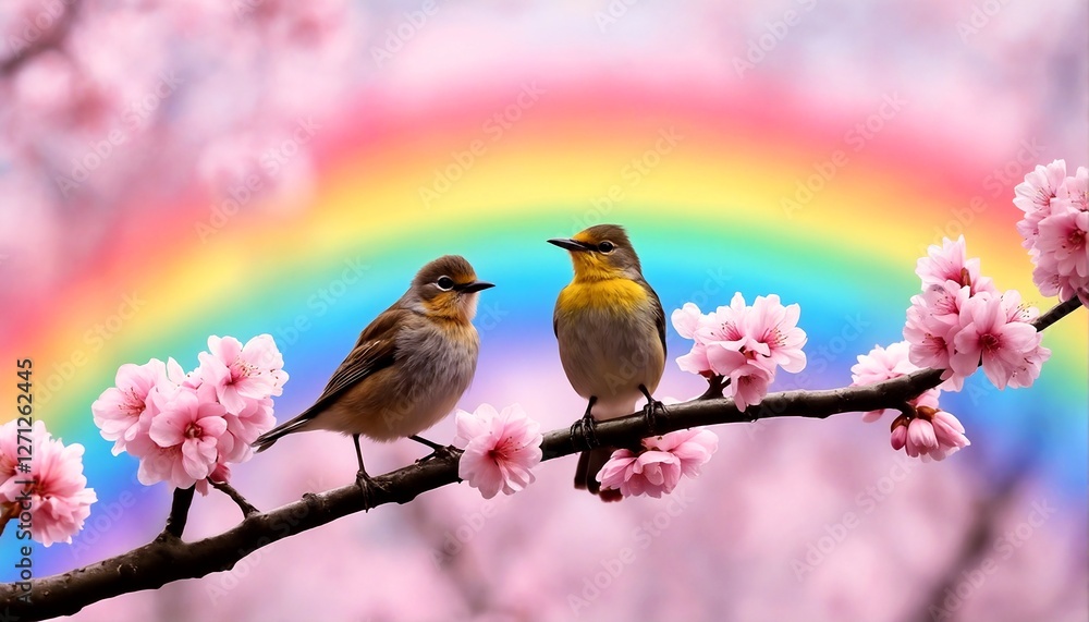 Two Birds on Branch with Rainbow Background. Two Birds on Branch with Rainbow Background.