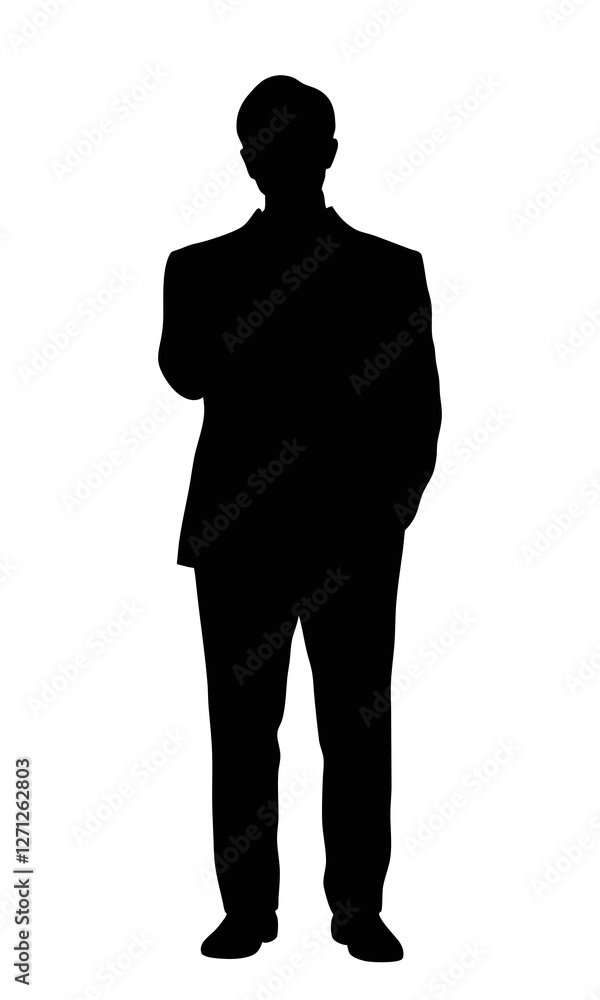 Silhouette of a thoughtful man standing in a contemplative pose, dressed in a formal suit Silhouette of a thoughtful man standing in a contemplative pose, dressed in a formal suit