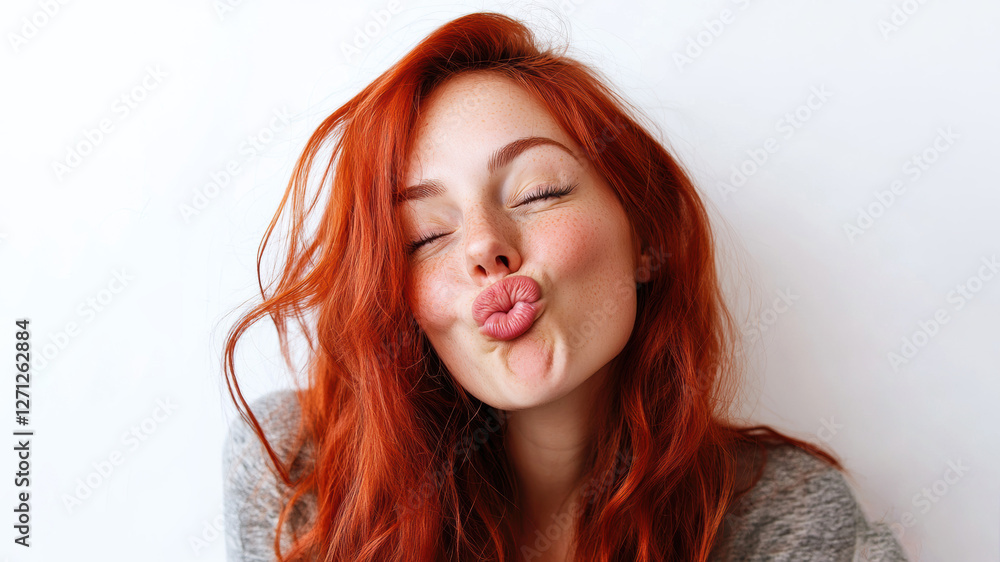 Red-haired woman making a playful kissy face indoors Red-haired woman making a playful kissy face indoors