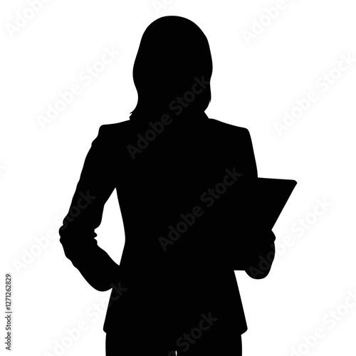 Silhouette of a professional woman standing confidently with a clipboard in her hand
