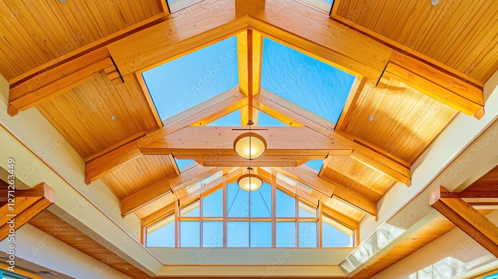 Obraz premium Stunning Wooden Ceiling with Skylights: Architectural Design Marvel