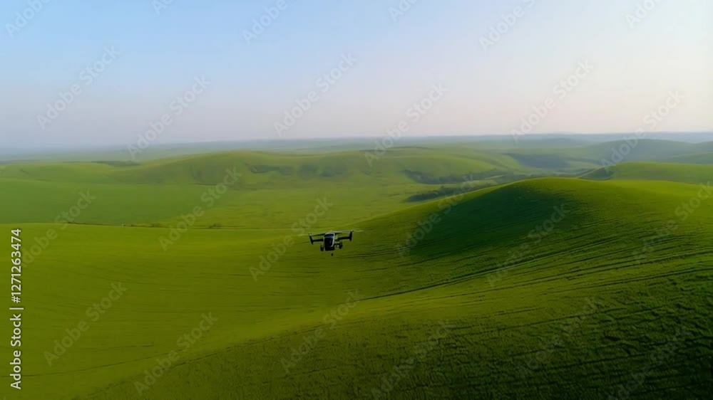 Aerial view of drone flying at green field and blue sky landscape with countryside view, trees, hills, and clouds in a peaceful rural setting Aerial view of drone flying at green field and blue sky landscape with countryside view, trees, hills, and clouds in a peaceful rural setting