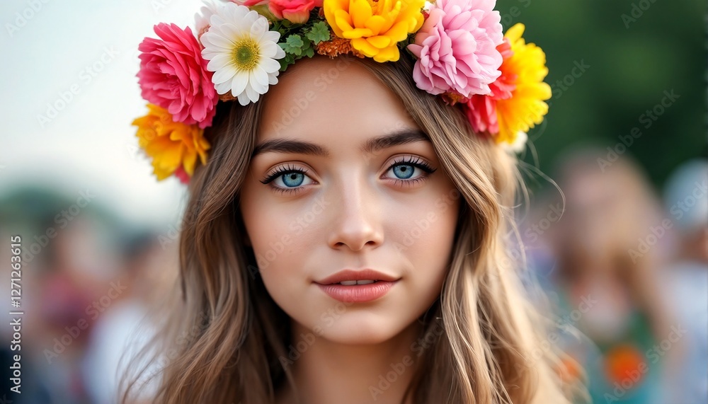 A woman with long brown hair and blue eyes wearing a floral headband. A woman with long brown hair and blue eyes wearing a floral headband.