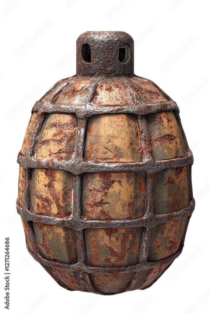 Isolated Rusted Metal Grenade with Grid Pattern and Aged Texture Isolated Rusted Metal Grenade with Grid Pattern and Aged Texture