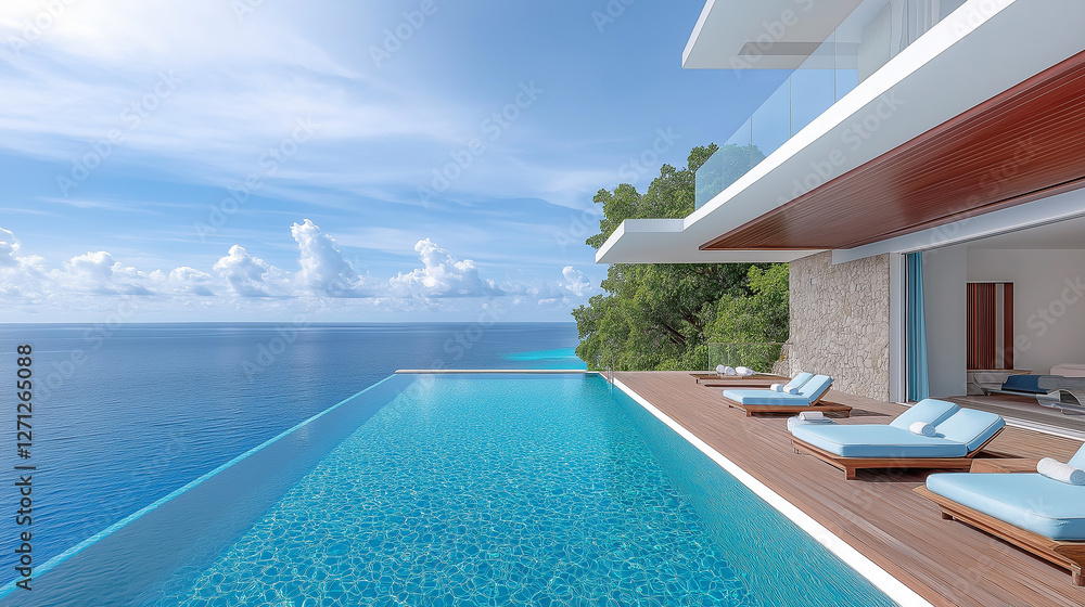 Fototapeta premium A modern infinity pool perched on a cliffside, offering panoramic views of the turquoise ocean,surrounded by a sun deck furnished with comfortable loungers, inviting guests to relax and soak up the su