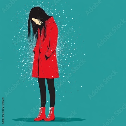 Woman in Red Coat with Head Down