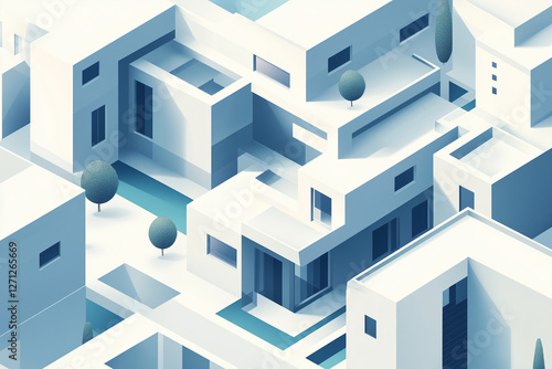 Geometric isometric shapes in neutral grays and blues with clean modern lines. Represents structure, professionalism, and design for property sales or architecture firms