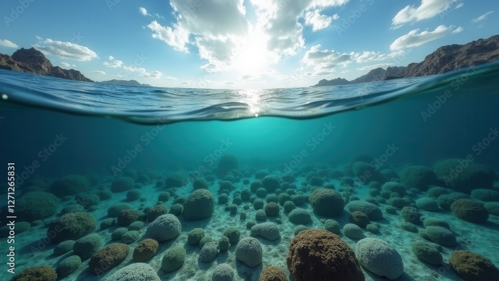 Obraz premium Underwater view of scuba divers exploring a coral reef affected by bleaching 