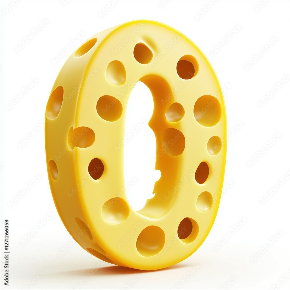 Fototapeta premium Number 0 made of yellow Swiss cheese with holes isolated on a clean white background