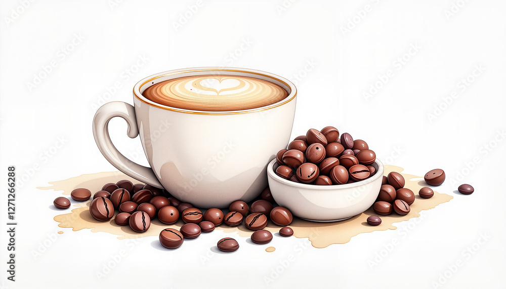 Obraz premium international coffee day Ceramic espresso cup with crema and coffee beans, indulgence