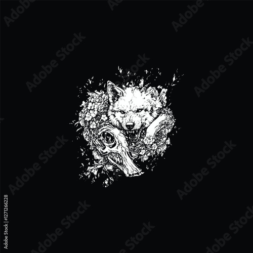 rotting wolf carcass with wildflowers surrounding it design vector template illustration