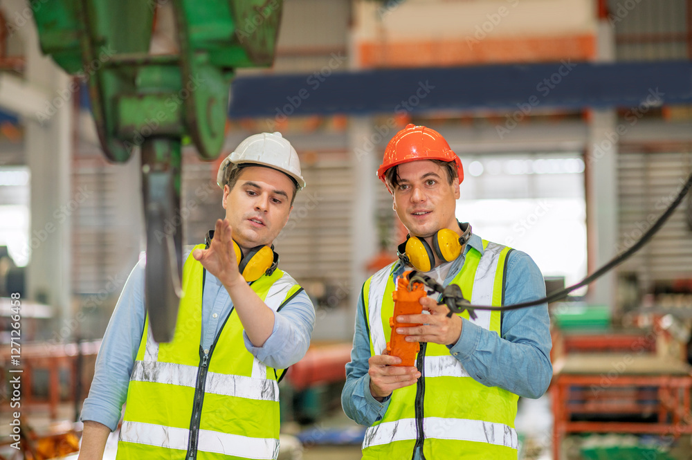 Engineer working team service and discussing plan of maintenance machine in heavy industrial factory