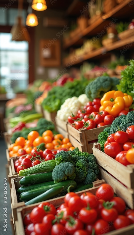 Close up of fresh vegetables, fruits overflowing in vegetable shop interior. Red tomatoes, green cucumbers, broccoli, yellow pepper, oranges in boxes. Healthy food, agriculture concept. Close up of fresh vegetables, fruits overflowing in vegetable shop interior. Red tomatoes, green cucumbers, broccoli, yellow pepper, oranges in boxes. Healthy food, agriculture concept.