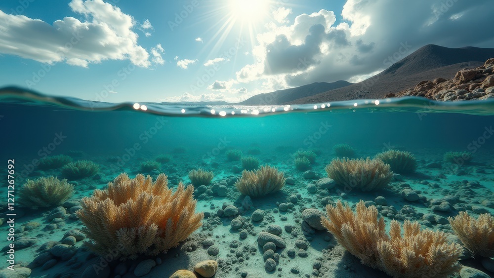 Split-view of a vibrant coral reef underwater and a tropical coastline above Split-view of a vibrant coral reef underwater and a tropical coastline above