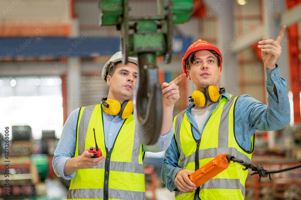 Engineer working team service and discussing plan of maintenance machine in heavy industrial factory