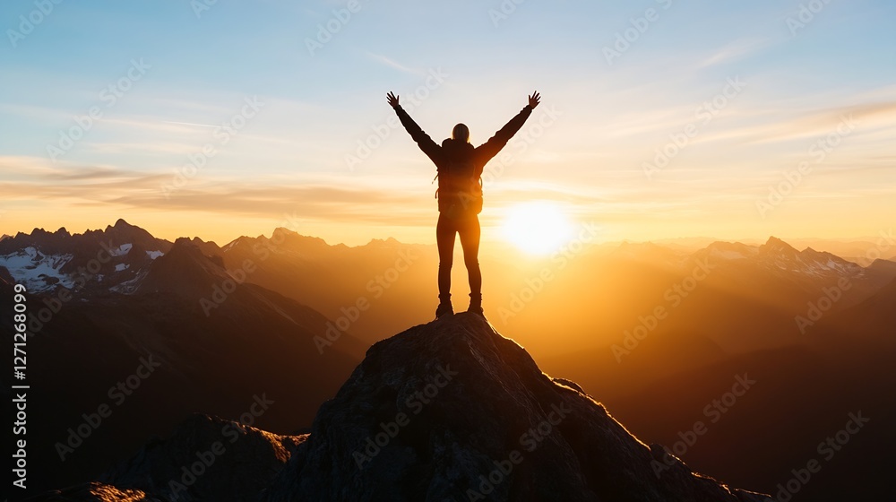 Silhouette of Adventurer on Mountain Peak Against Stunning Sunset Horizon : Generative AI Silhouette of Adventurer on Mountain Peak Against Stunning Sunset Horizon : Generative AI