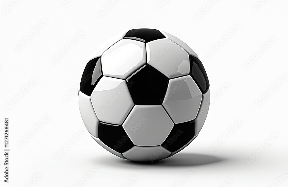 Fototapeta premium Classic soccer ball design featuring black pentagons, white hexagons. Sport equipment for soccer, football game on transparent background. Symbol of popular team sport, international competition,