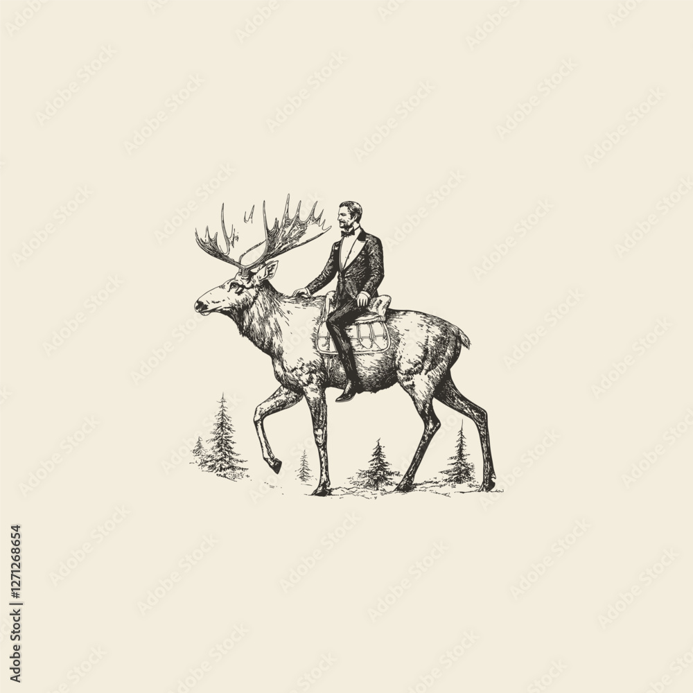 Fototapeta premium gentlemen wearing tuxedo riding mighty deer design vector template illustration